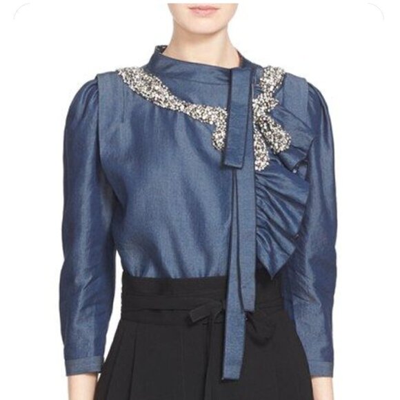 MARC Jacobs Ruffle Denim Button-Up Top 3/4 Sleeve Women's Size 2 - Picture 8 of 8